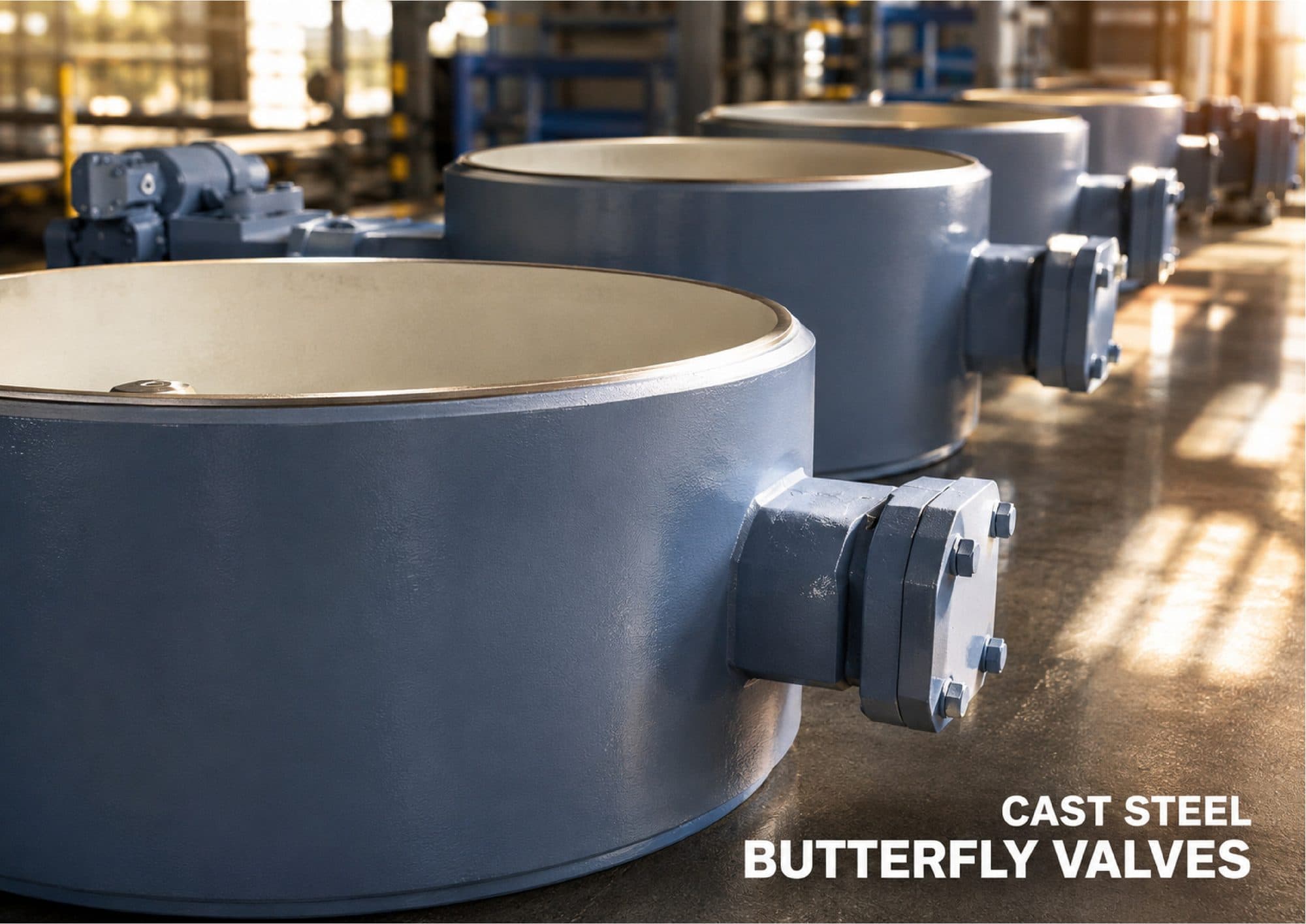 Corpos de válvulas borboleta de grande diâmetro em galpão industrial